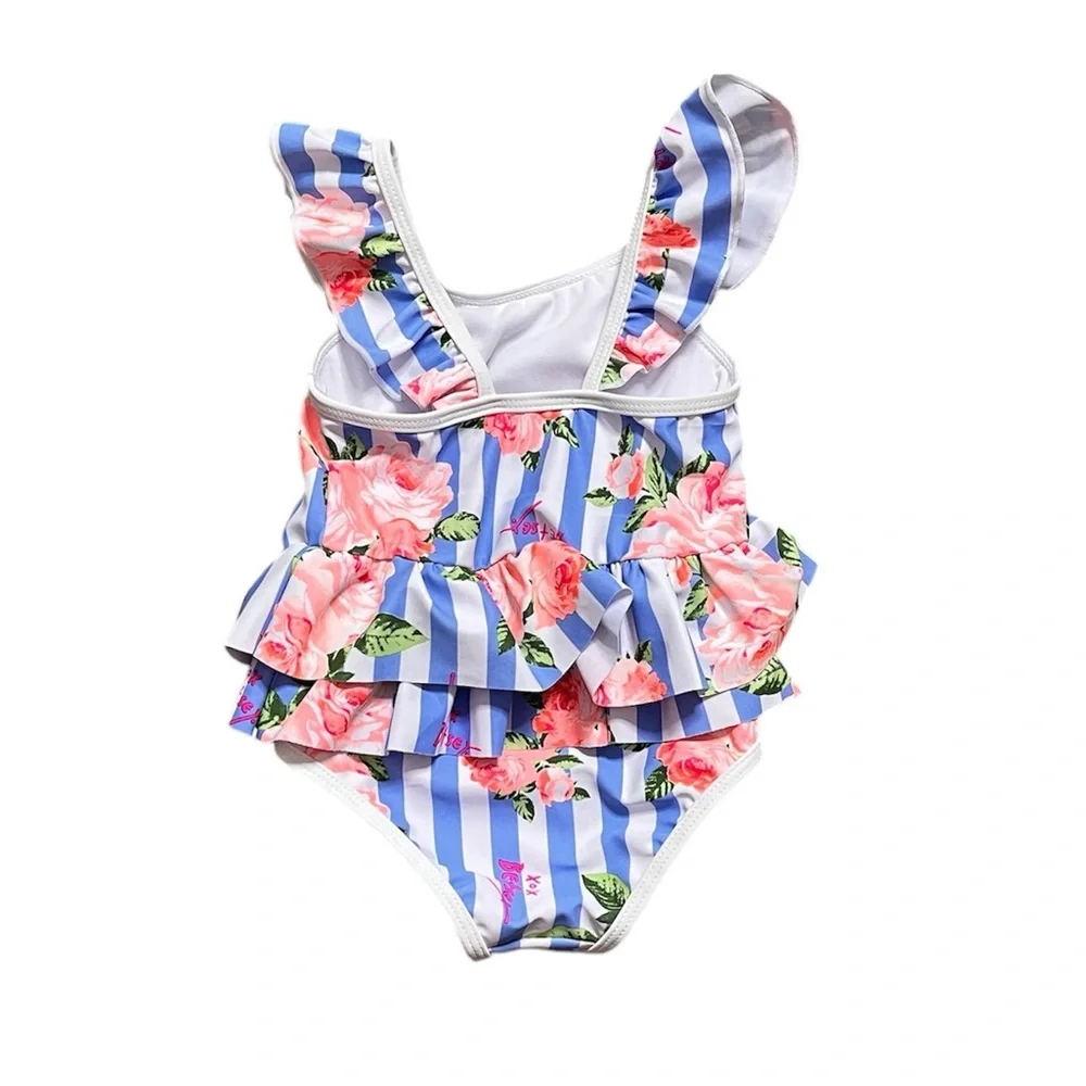 Betsey Johnson Swimsuit One Piece Stripe Floral Ruffle Toddler 3T New - Picture 2 of 4